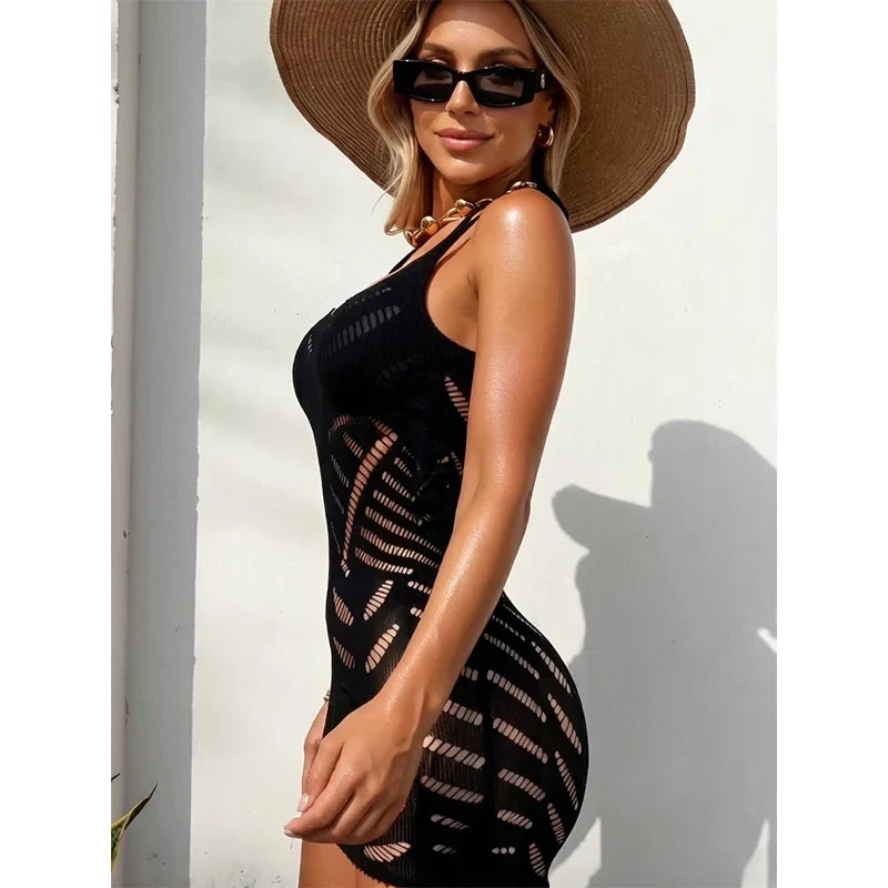 Fishnet Women Sexy Beach Cover Up Dress Women Stretch See Through Sleeveless without Bikini Swimsuit Cover up Mini Beachwea
