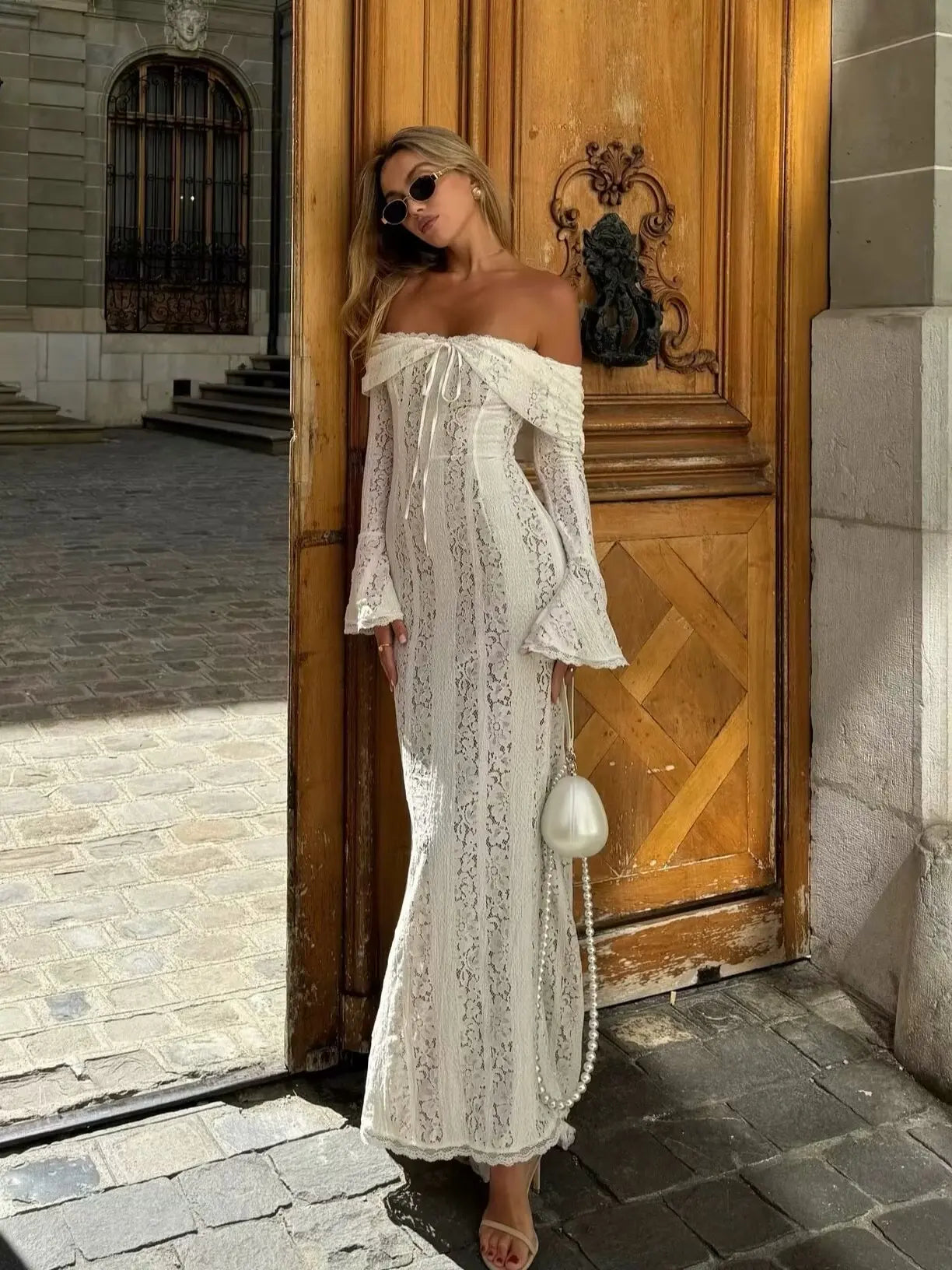 Off Shoulder White Lace Party Dress Flare Sleeve Bowknot Party Maxi Dress Sexy Elegant Summer Bodycon Vestidos Embroidery Robe