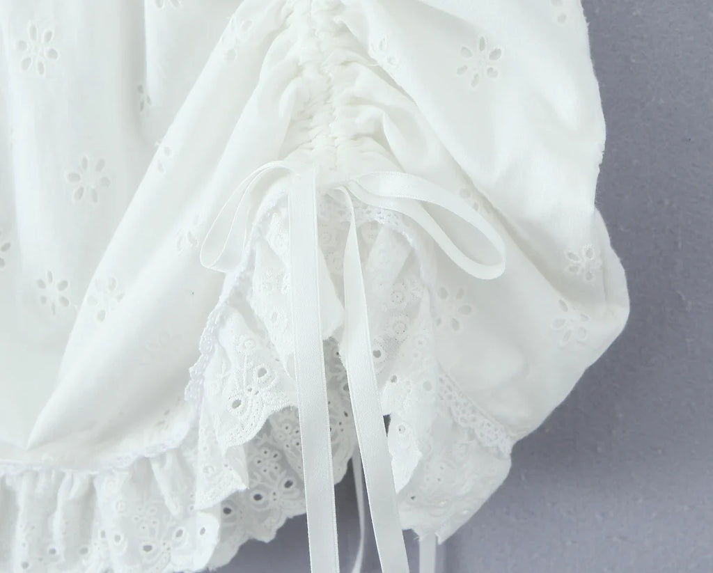 Foridol White Cotton Summer Women's Dress 2025 Off Shoulder Strapless Mini Beach Dress Casual Flower Embroidery Drawstring Dress