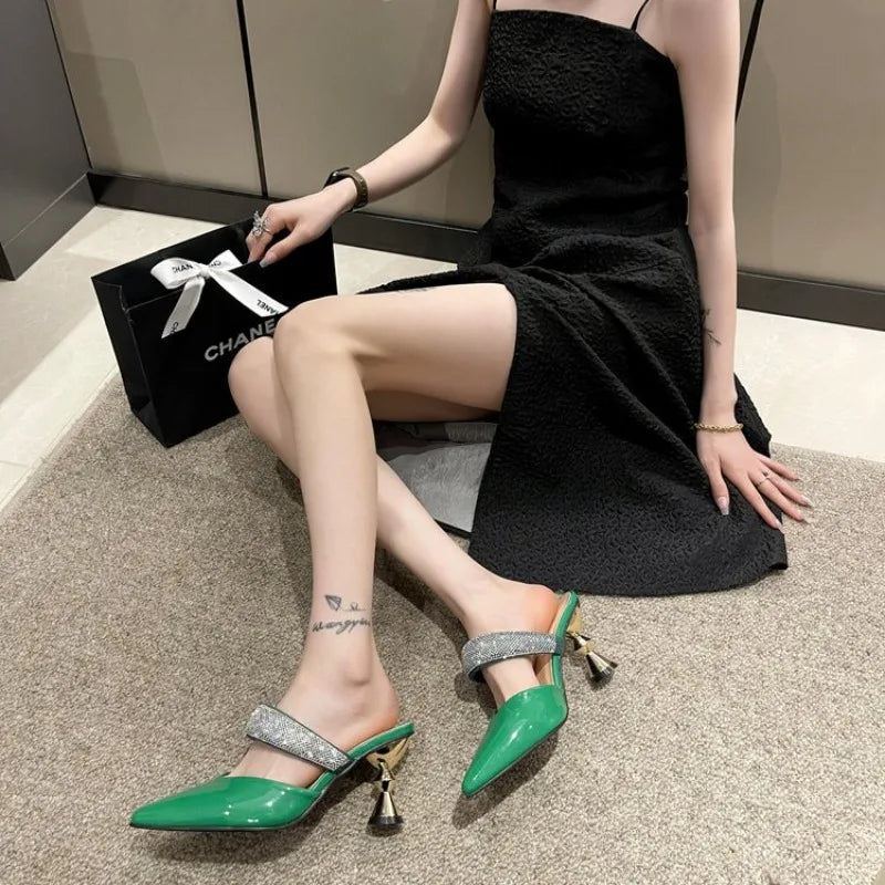 American pointed rhinestone high-heeled slippers women slim heels with toe caps, empty fashion sandals,
