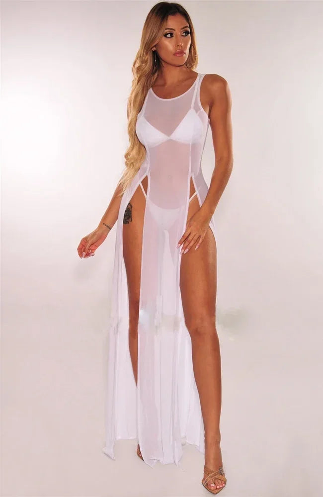 Summer Bikini Cover Up Women Beach Sundress Sexy Mesh Sheer Long Dress Solid See-through Sleeveless Strap Beach Dress