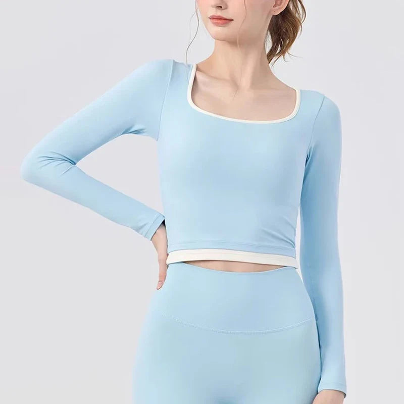 Autumn New Contrasting Yoga Suit for Women with Chest Pad Top Slim and Slim Pilates Running Sports Fitness Long Sleeves Shirts