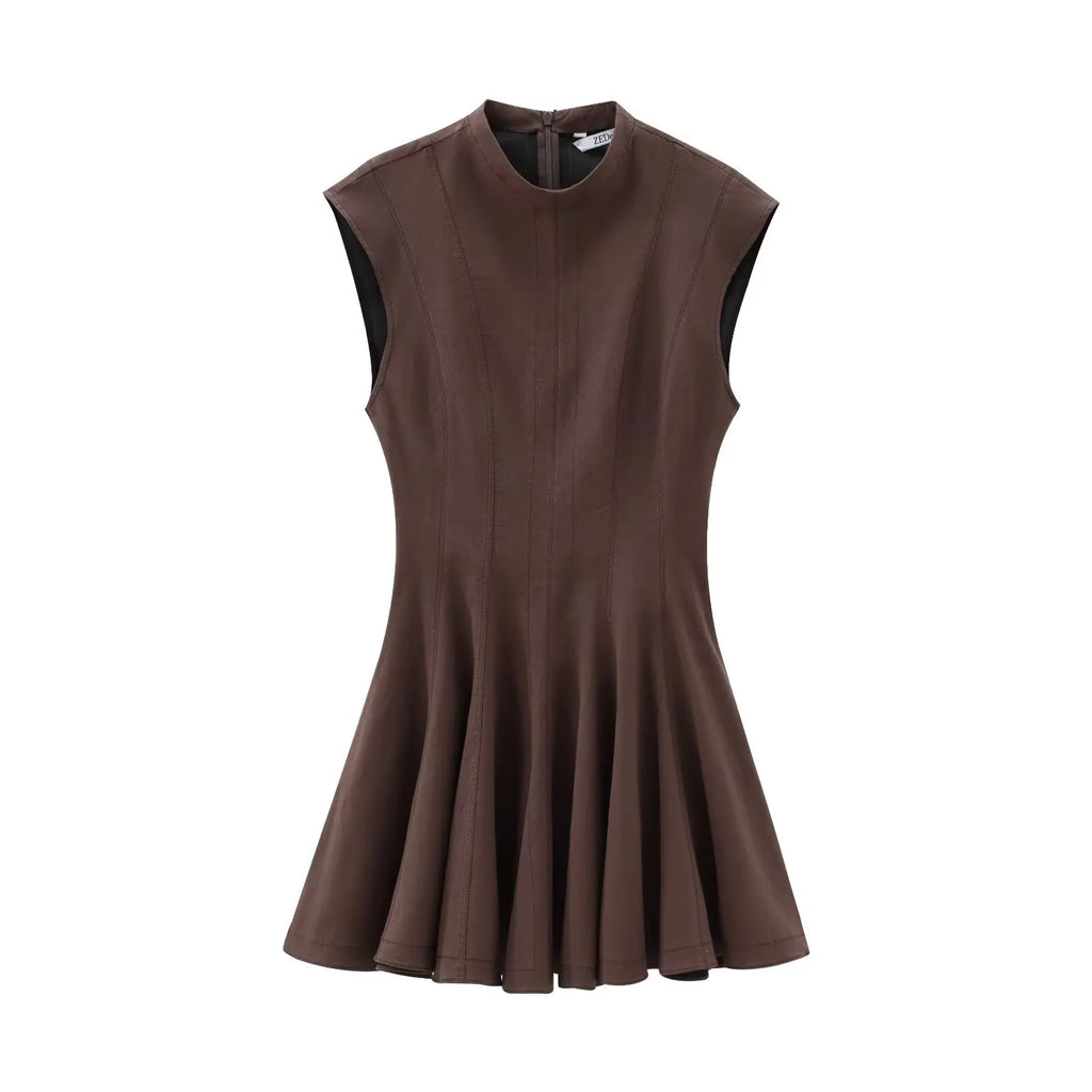 Foridol Stand Collar Sleeveless Pleated Tank Dress for Women Brown Casual Short Autumn Winter Dress Zip Black Ladies Vestidos