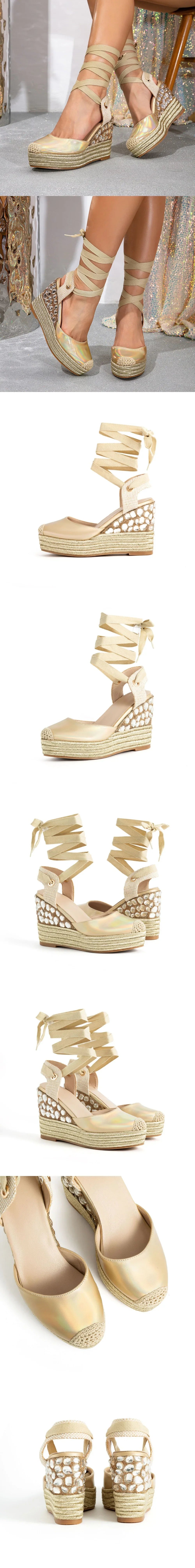 European Size Leisure Summer Espadrilles Sandals Rhinestones High Heels Wedges Sandals Shoes Women Comfy Walk Platform Sandal