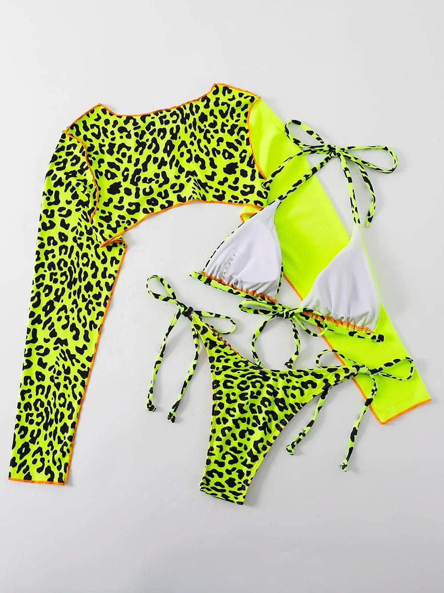 Leopard Halter Triangle Bikini 2026 Women Long Sleeve Swimsuit Sexy Swimwear Female Bathers Bathing Suit Swimming Beachwear