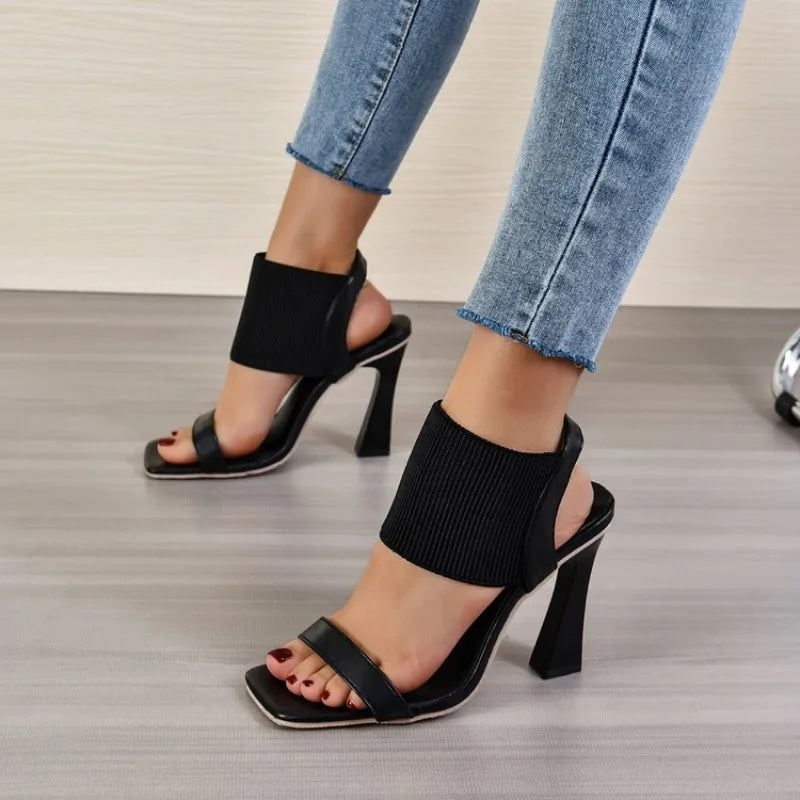 Square Toe High Heeled Sandal Women's Elastic Strap Slingback Pyramid Heeled Shoes Fashion Plus Size Sandals with Peep Toe Heels