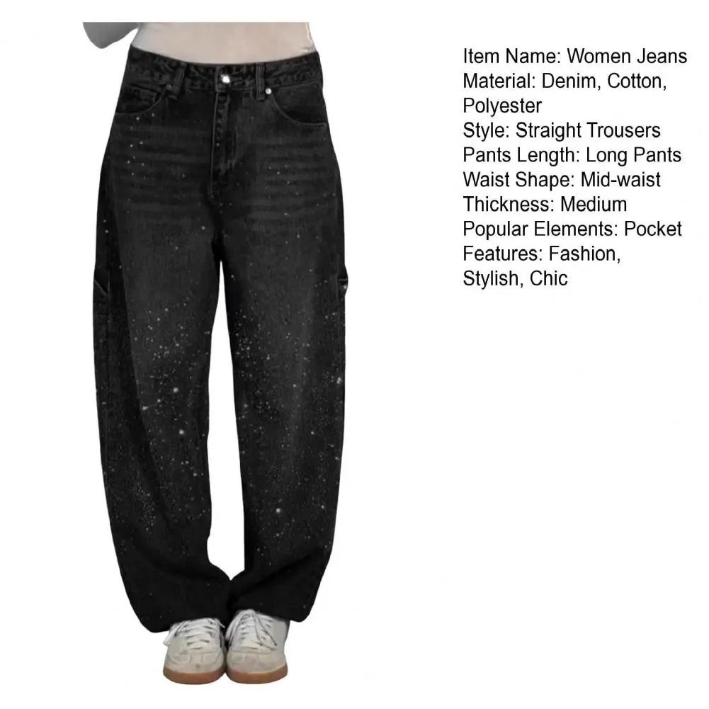 Women's Straight Leg Denim Pants High Waisted Baggy Wide Leg Bling Jeans Casual Sparkly Harem Jeans for Streetwear