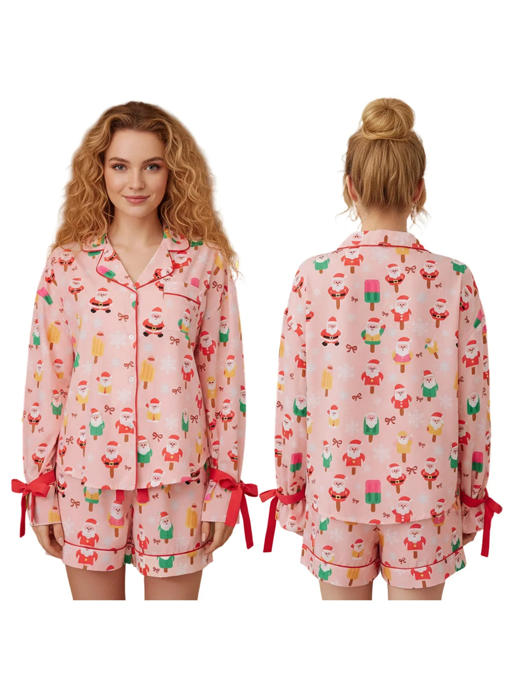 Women 2 Piece Christmas Pajama Set Santa Print Long Sleeve Button-up Tops and Elastic Waist Shorts Satin Fall Sleepwear