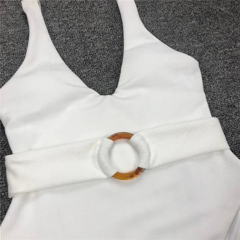 2025 White Ribbed Women Swimwear One Piece Swimsuit Female Bather Sexy High Cut Monokini Rings Belt Bathing Suit Swim Bodysuit