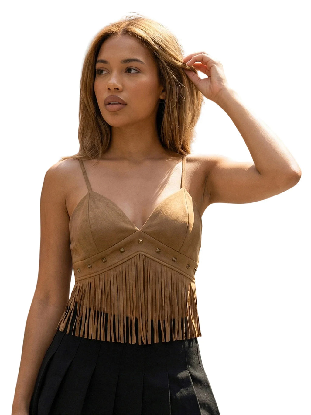Summer Women's Tassel Corset Tops Retro Cowboy Stylish Sleeveless V Neck Vest Spaghetti Strap Tank Top for Party Street