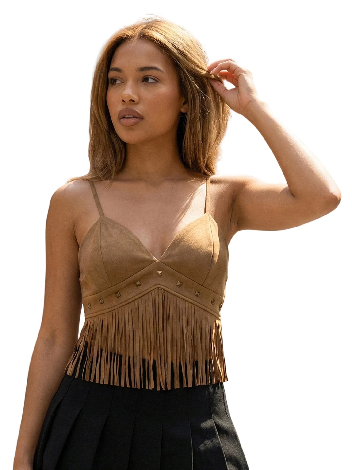 Summer Women's Tassel Corset Tops Retro Cowboy Stylish Sleeveless V Neck Vest Spaghetti Strap Tank Top for Party Street