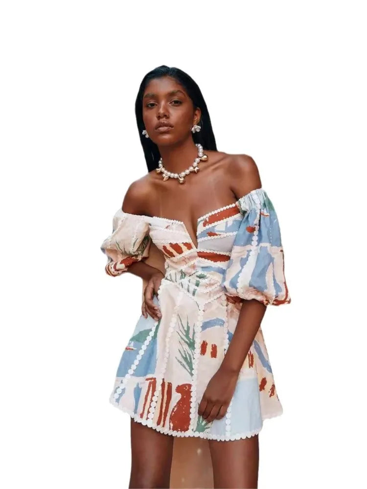 Women Vintage Print Patchwork Mini Dress Summer Sexy Fashion Elegant Short Sleeve Bodycon Off Shoulder Backless Party Dresses