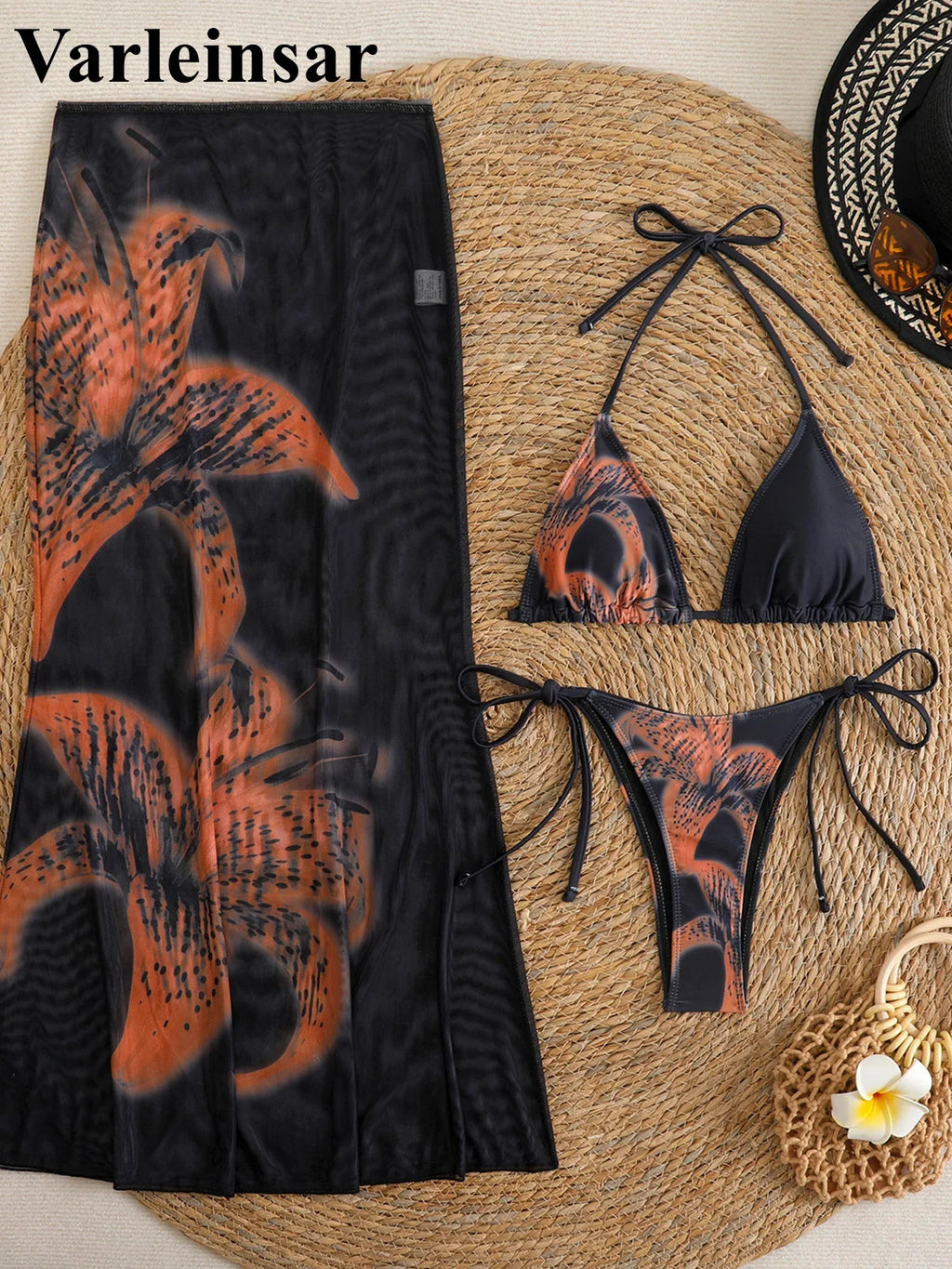 10 Color Flowers Halter Bikini Female Swimsuit Women Swimwear Three-pieces Bikini set With Skirt Bather Bathing Suit Swim V6637C