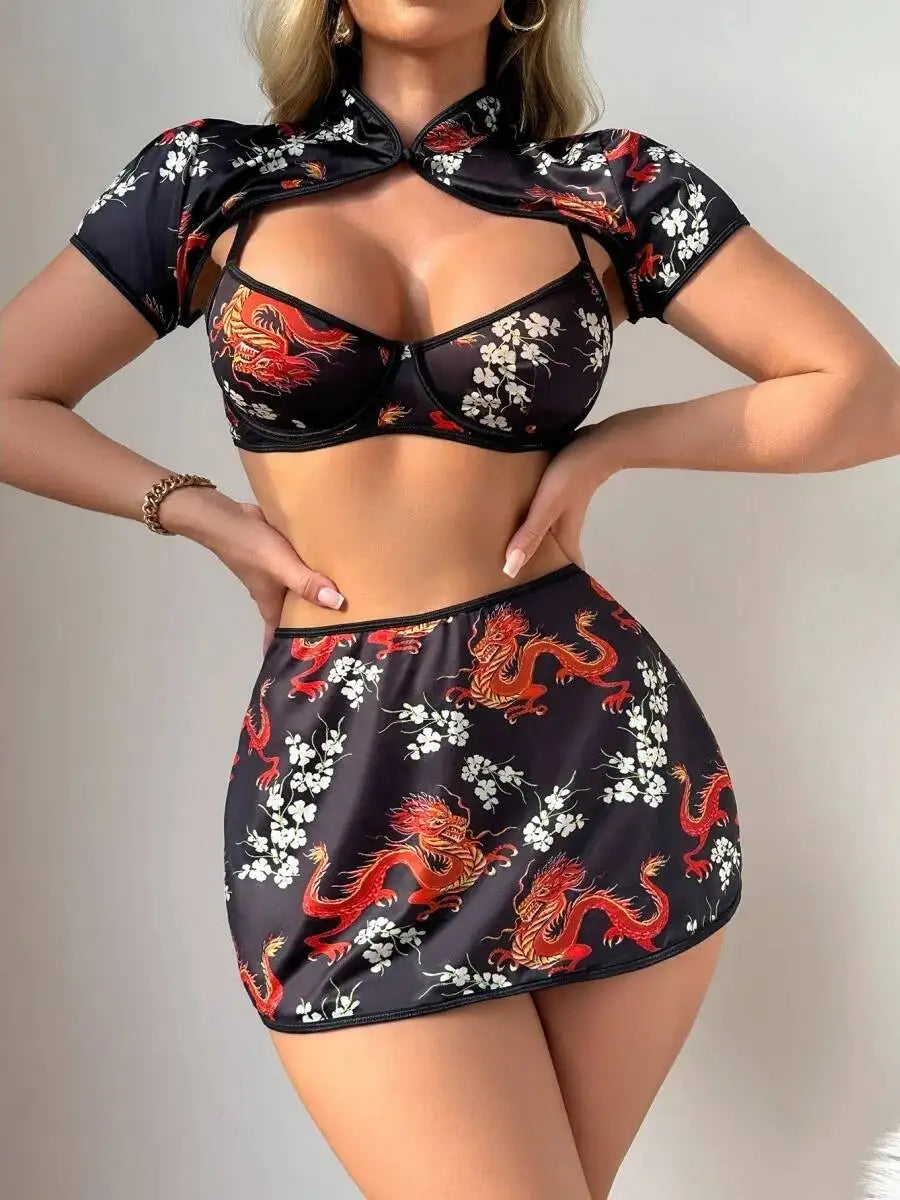 Women's New Sexy Uniform Sexy Hot Series Ethnic Style Pattern Skirt Sets Pure Desire Casaul Short Sleeved Skirt Sets Charm 24PB