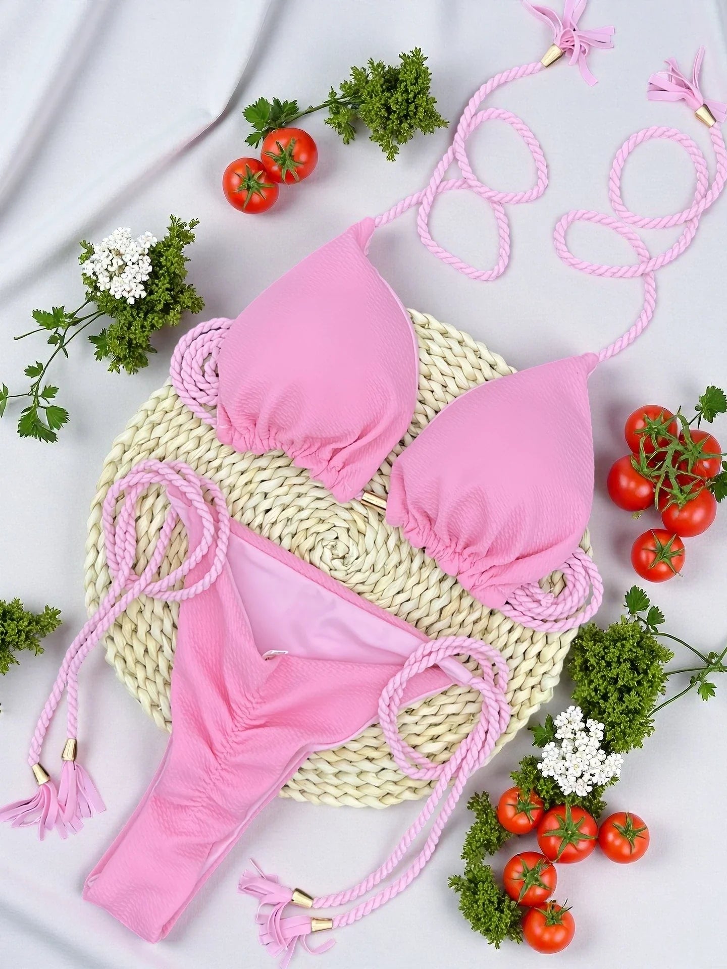 Sexy solid color special fabric swimsuit women's split bikini set woven rope hanging neck beach swimwear