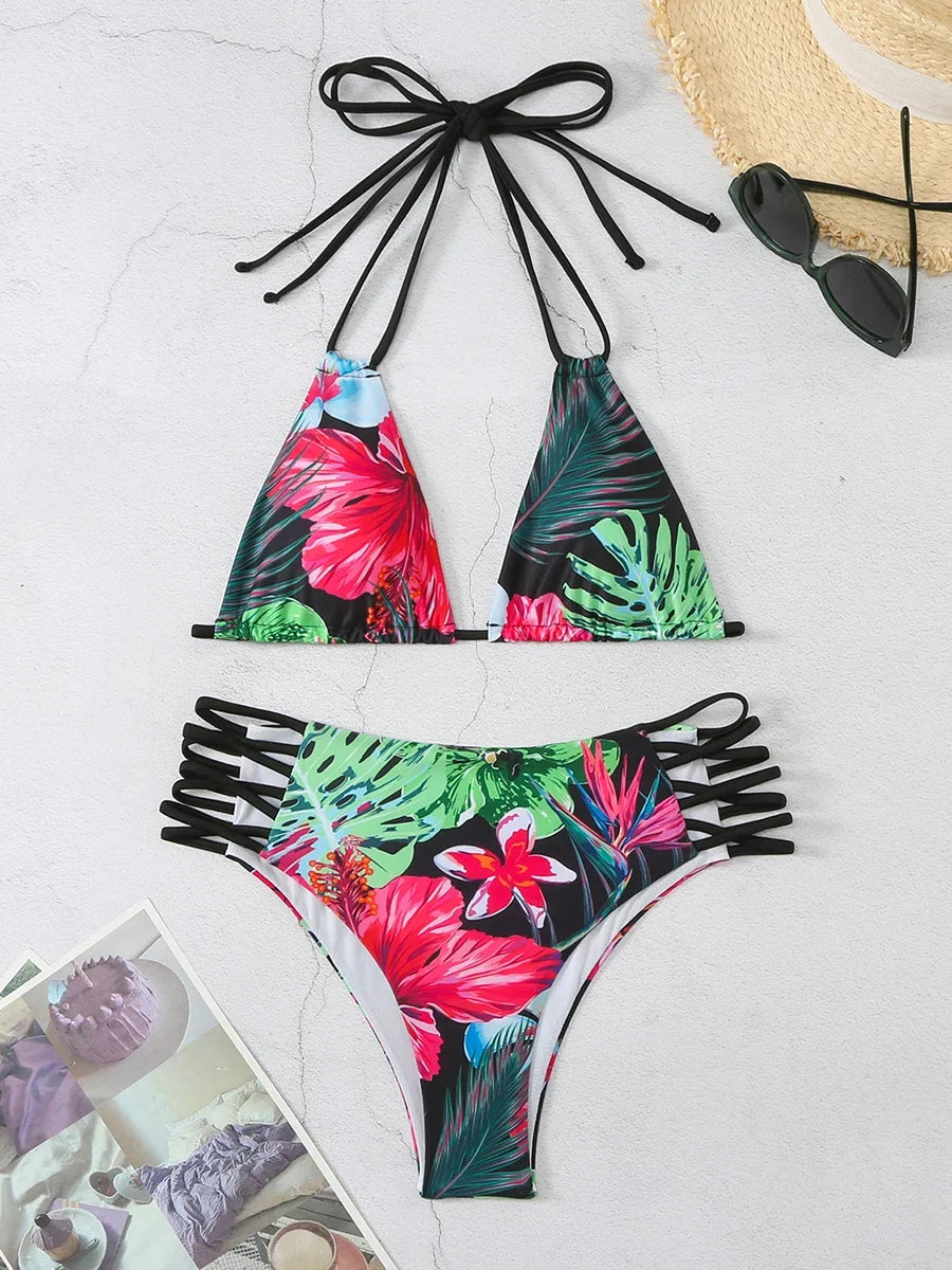 Halter String Floral Bikini 2026 High Waist Swimsuit Women Padded Swimwear Female Bathers Bathing Swimming Swim Suit Beachwear