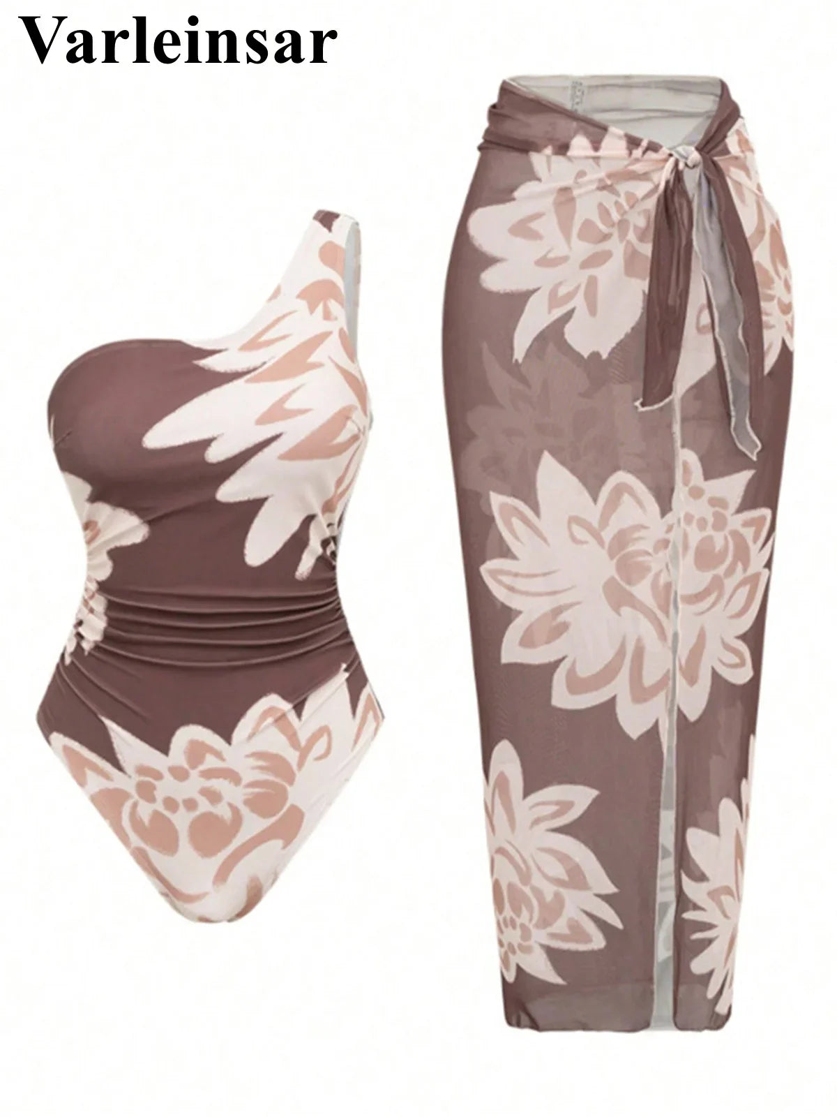 S - XL New With Skirt Printed One Shoulder Women Swimwear One Piece Swimsuit Female High Leg Cut Bather Bathing Suit Swim V8017