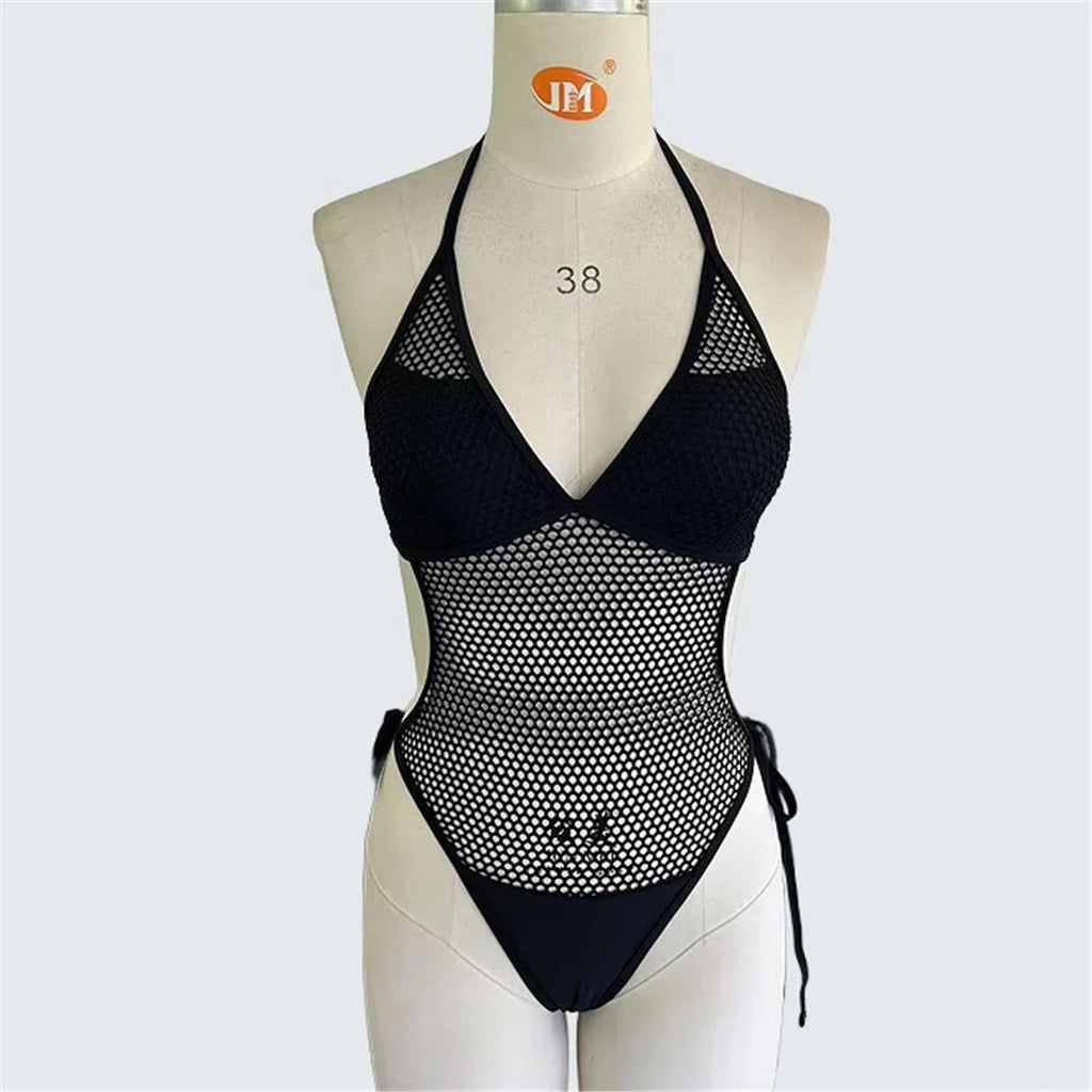 S - XXL Fish Net Mesh Hollow Out Halter One Piece Swimsuit Women Swimwear Female Backless Padded Bather Bathing Suit Swim V7503