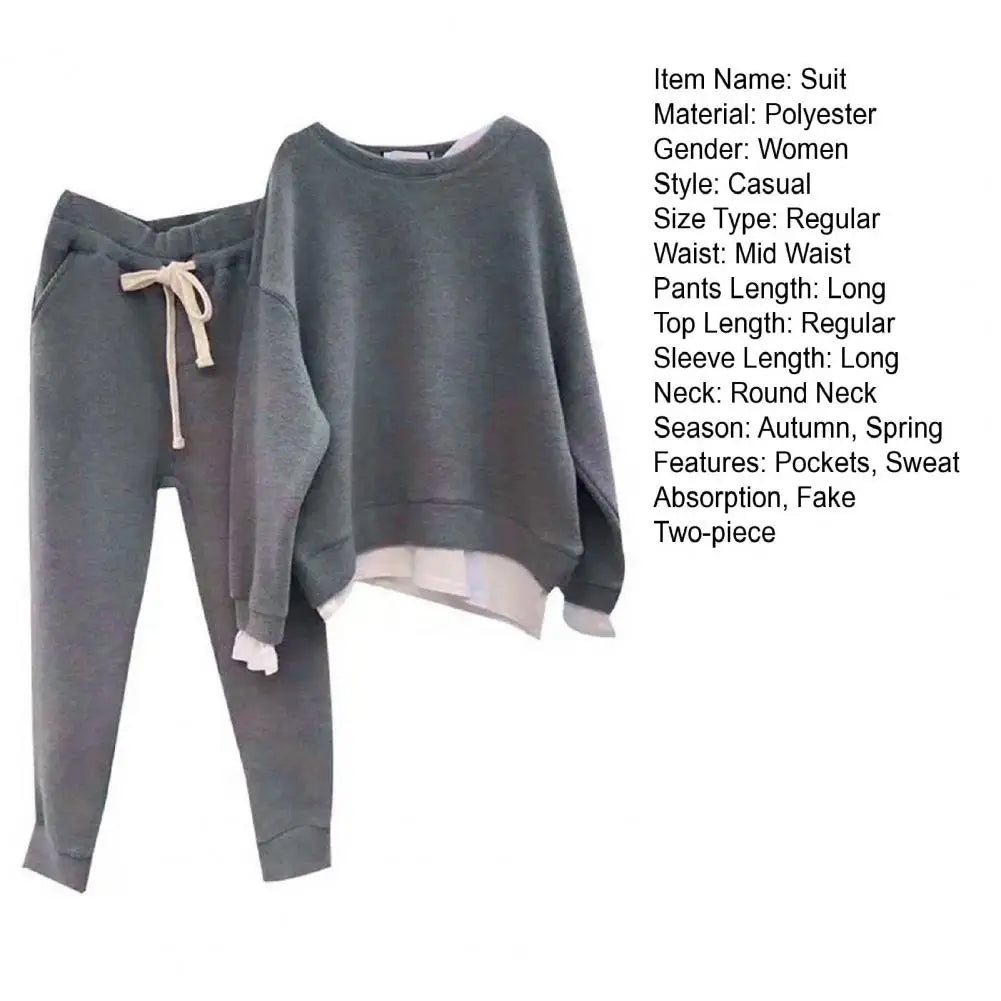 2 Pcs/Set Women Sweatshirt Pants Set Fake Two-piece Crew Neck Loose Elastic Waist Drawstring Casual Women Autumn Tracksuit