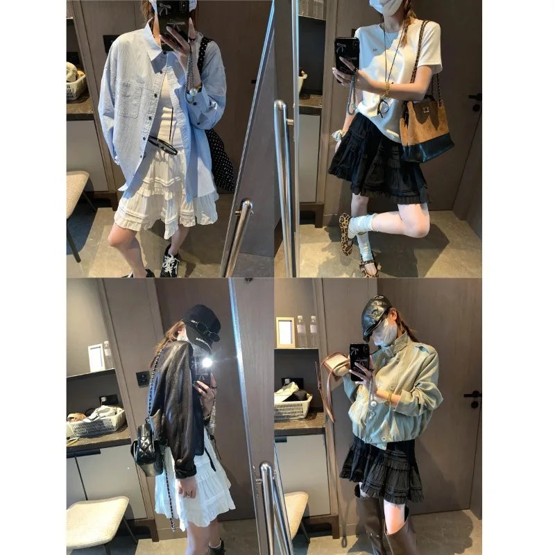 Sweet Korean Style Lace Loose Short Skirt White Tiered Ruffled Mini Skirt Elastic Waist Cute Casual Summer Skirt For Women EHAB