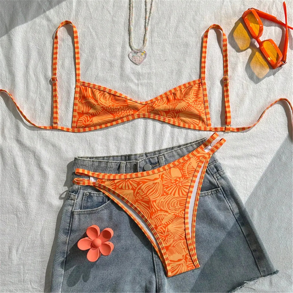 S - XL Printed Bikini Female Swimsuit Women Swimwear Two-Pieces Bikini Set High Cut Leg Brazilian Bather Bathing Suit Swim V8148