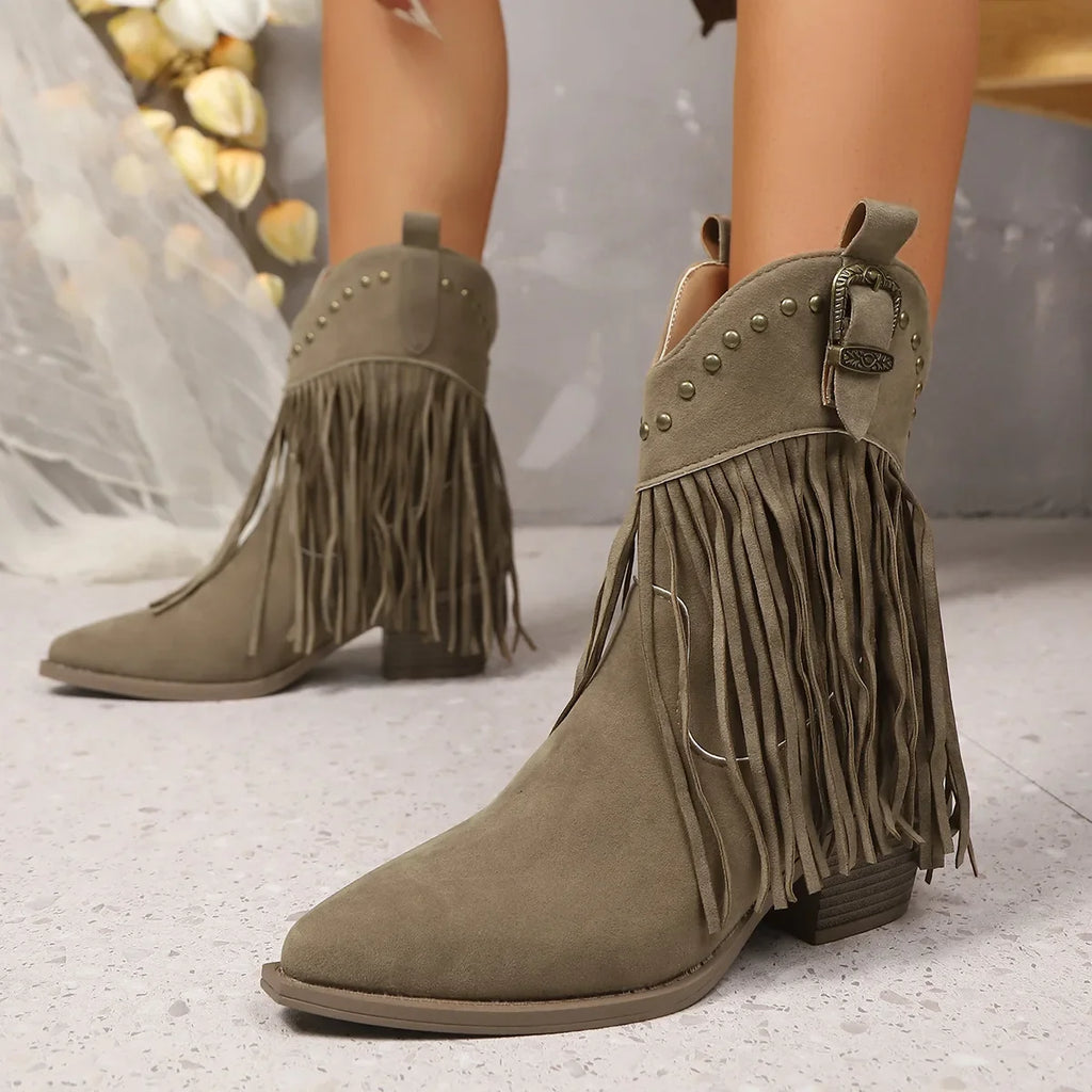 Women Ankle Boots Autumn  Suede Chelsea Boots Pointed Toe Tassel High Heel Shoe Rivet Fashion Retro Cowboy Boots Botas Mujer
