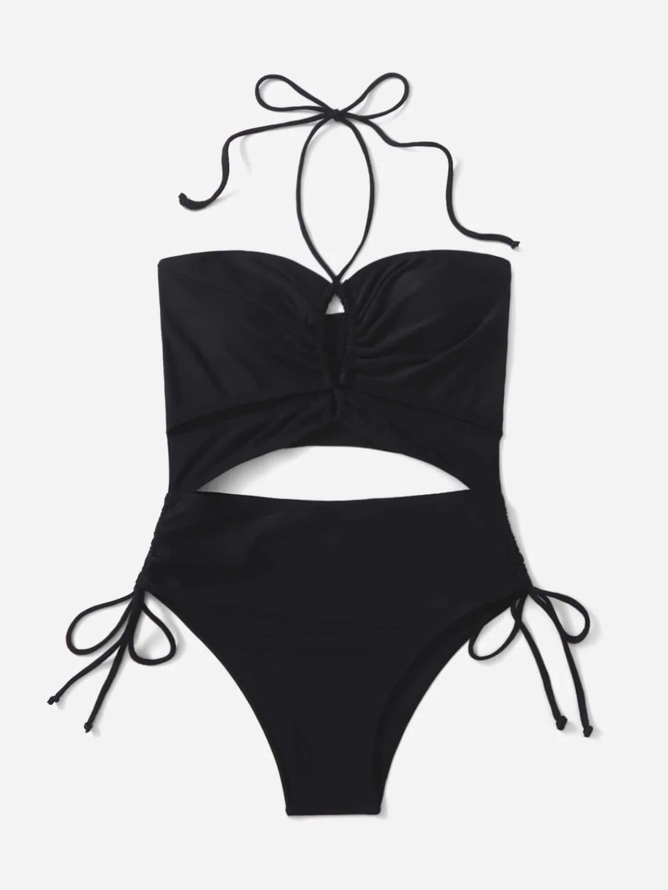 2026 Drawstring Swimsuit Solid Cut Out Knot Halter One Piece Swimwear Women Padded Bathing Suit Female Swimming Summer Beachwear