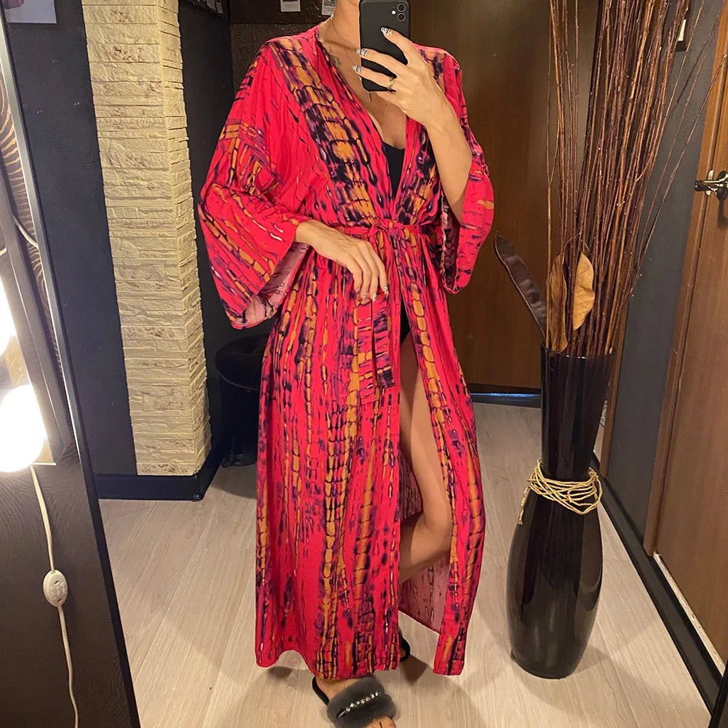 New 10 Colors Printed Long Sleeve With Belt Tunic Beach Cover Up Cover-ups Beach Dress Beach Wear Beachwear Female Women V4521