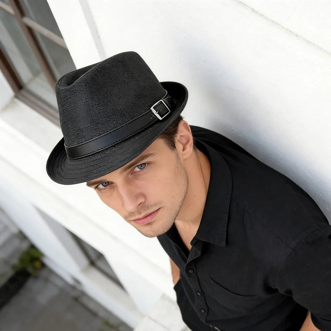 Fashion Men Jazz Fedora Hat Summer Straw Beach Sun Hat Short Brim Trilby with Belt Breathable Buckle Panama Cap