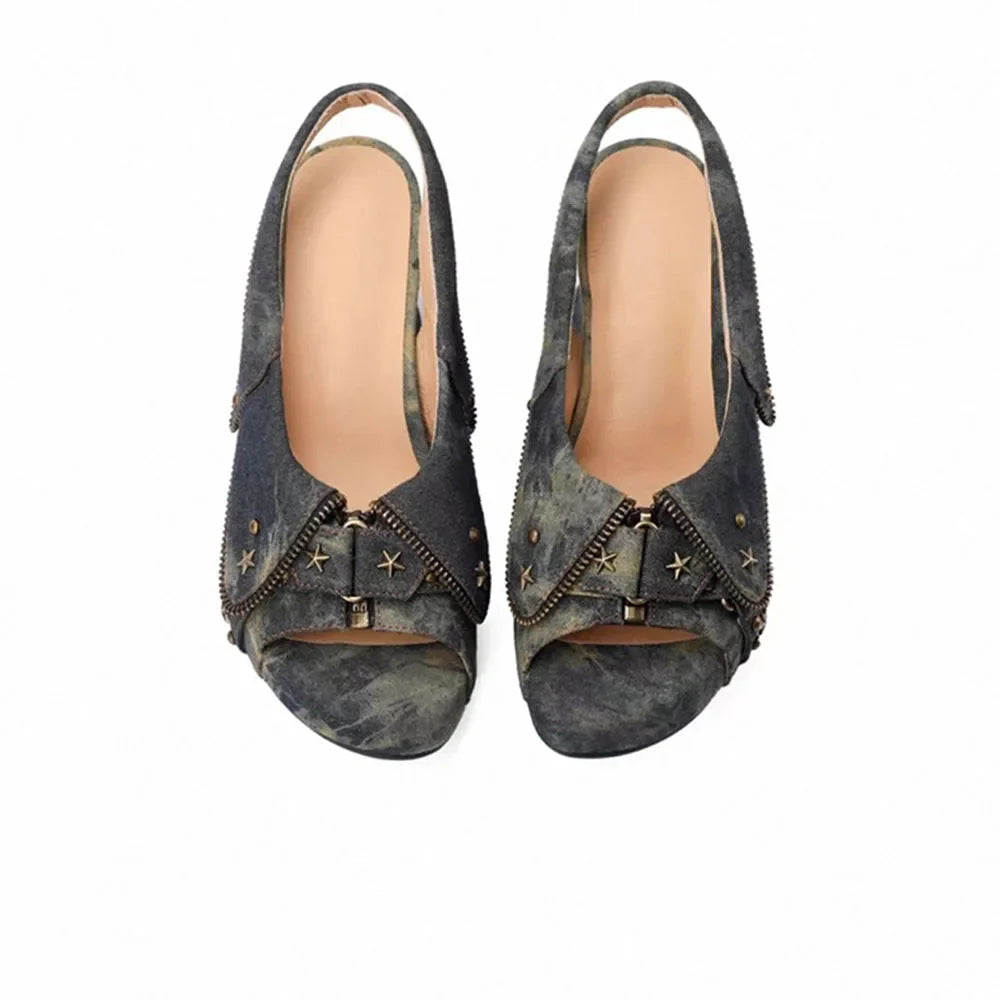 Brand New Women's Y2K Star Rivet Platform Sandals 2000's Peep Toe Slingback Chunky Heel Distressed Denim High Heeled Shoes