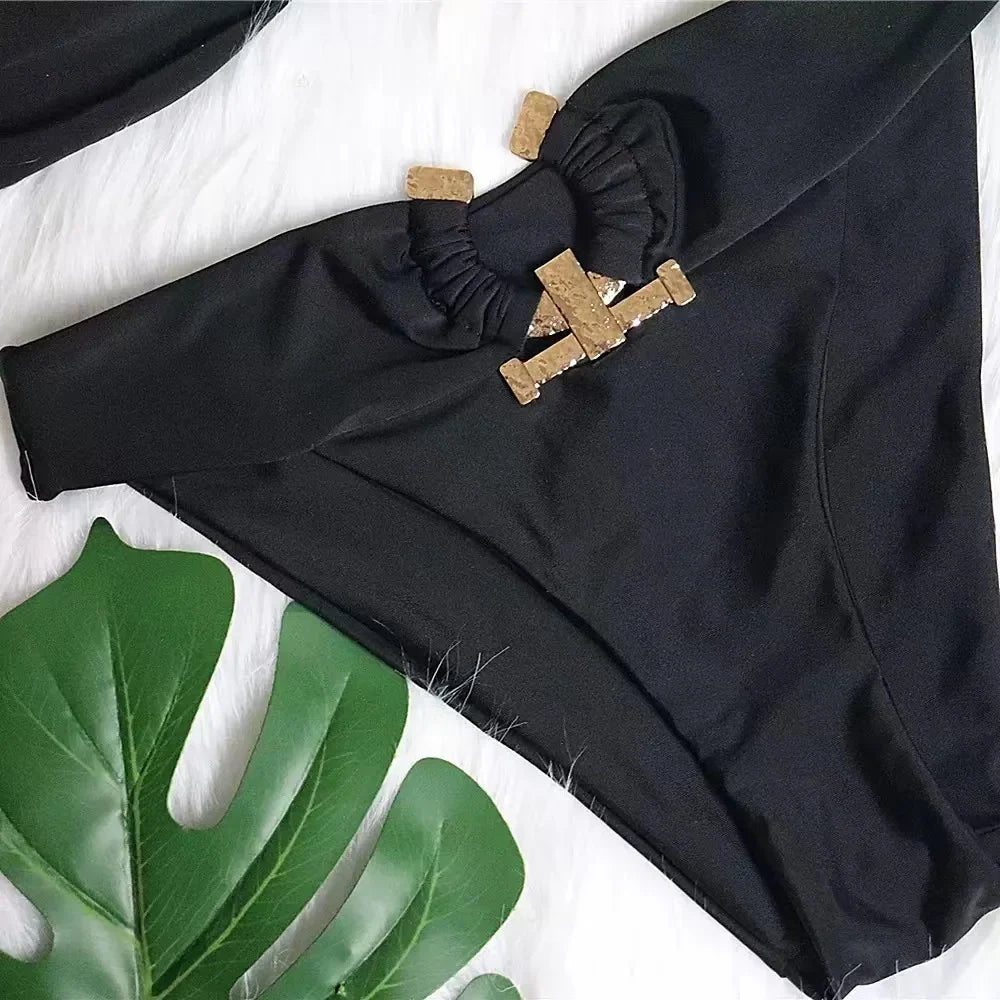 Sexy Solid Black Bikini 2024 New Women Off Shoulder High Cut Push Up Padded Rhinestone Swimwear Brazilian Bathing Suit Swimsuit