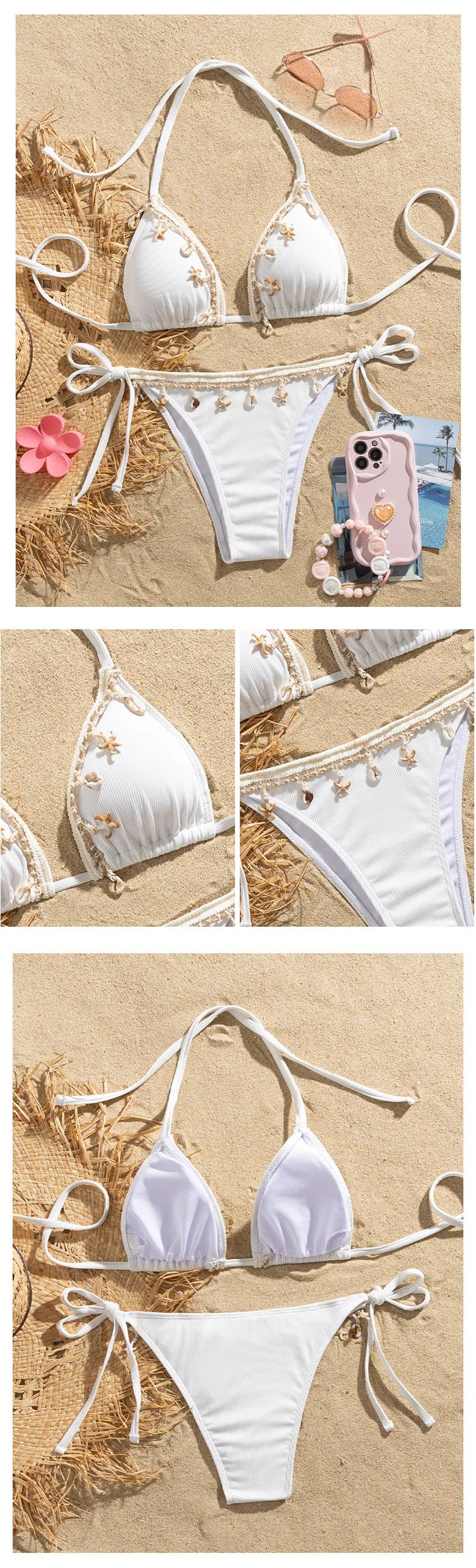 Shell Decoration Halter String Strappy Bikini Women Swimwear Female Swimsuit Two-pieces Bikini Set Ribbed Bathing Suit Swim Lady