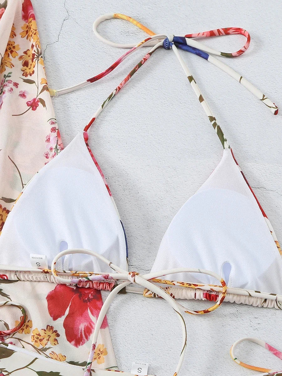 3 Pieces Printed Halter String Bikini 2026 Women & Kimono Swimwear Female Swimsuit Beachwear Bathers Bathing Swimming Swim Suit