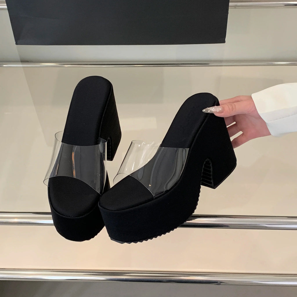 Summers Chunky Women Slippers Fashion Elegant PVC Transparent Platform Wedges Heel Slides Ladies Casual Outdoor Beach Sandalias
