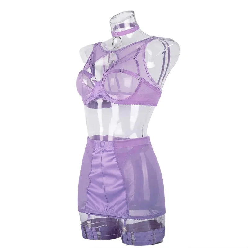 Toucheart 5-Pieces Erotic Lingerie Sexy Hip Skirt For Women Mesh Patchwork Hollow Out See-Through Lure Garters Underwear Suit