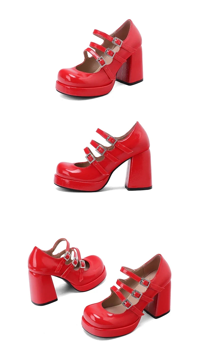 Plus Size Women Red Patent Leather Platform Mary Jane Shoes 3 Rhinestone Buckle Straps Chunky Block  Y2K Lolita Party Pumps