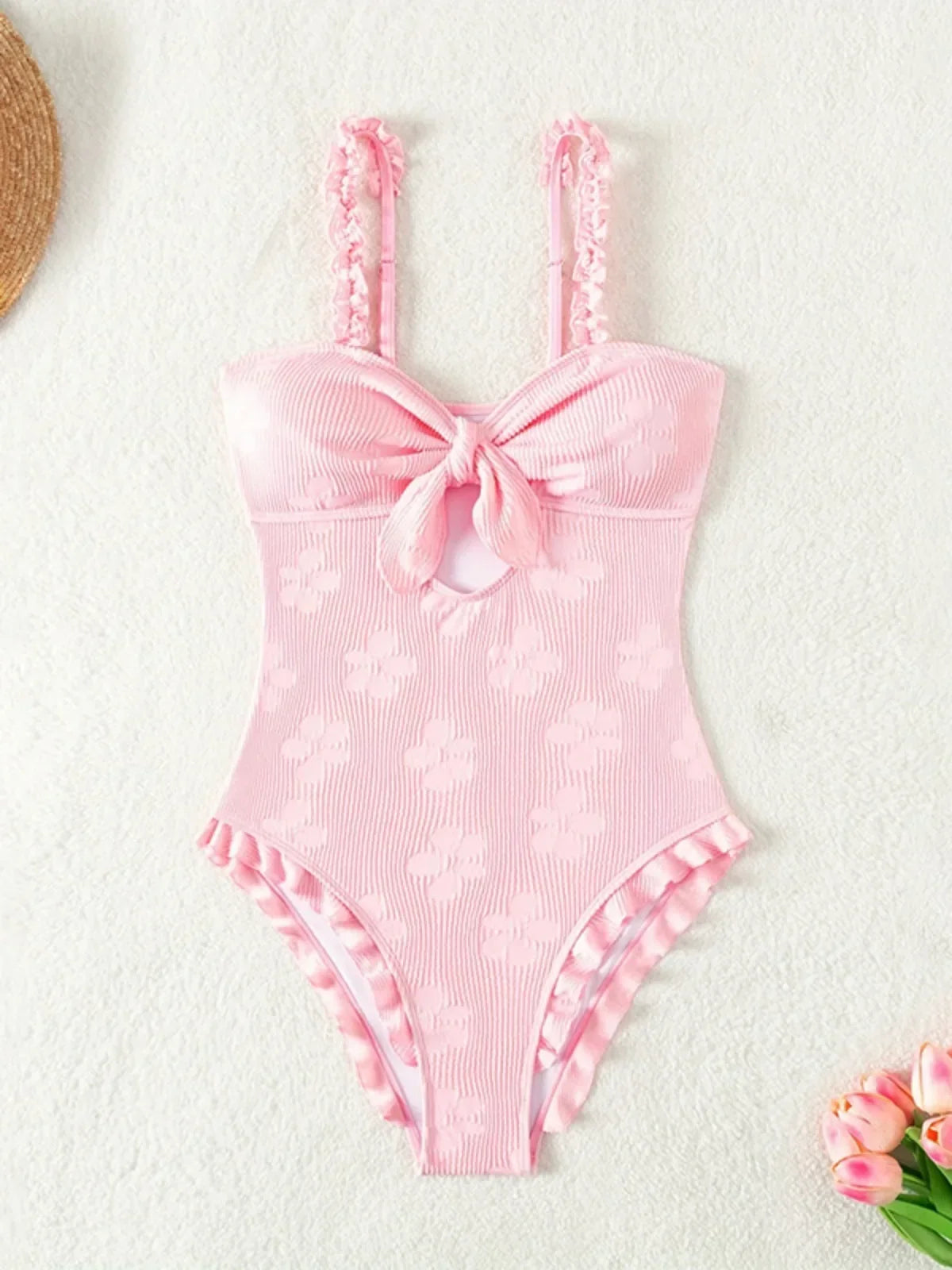 Light Pink One Piece Swimsuit for Women High Waist Hollow Out Ruffle Suspender Backless Monokini Bikini Beach Swimwear 2024 New