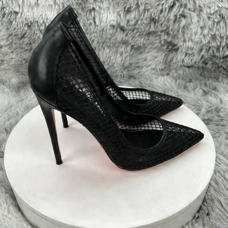 Women's Black Mesh Stiletto Pumps  Pointed Toe Hollow-Out High Heels, Sexy Sheer Dress Shoes for Party, Club, and Evening Even