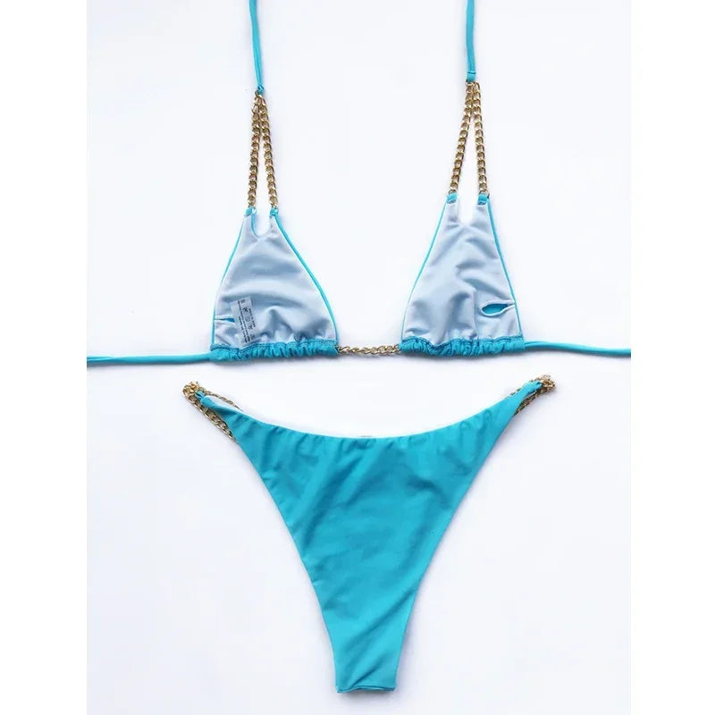 Sexy Cow Print Halter Metal Chains Brazilian Bikini Women Swimsuit Female Swimwear Two Pieces Bikini Set Bathing Suit Swim Lady