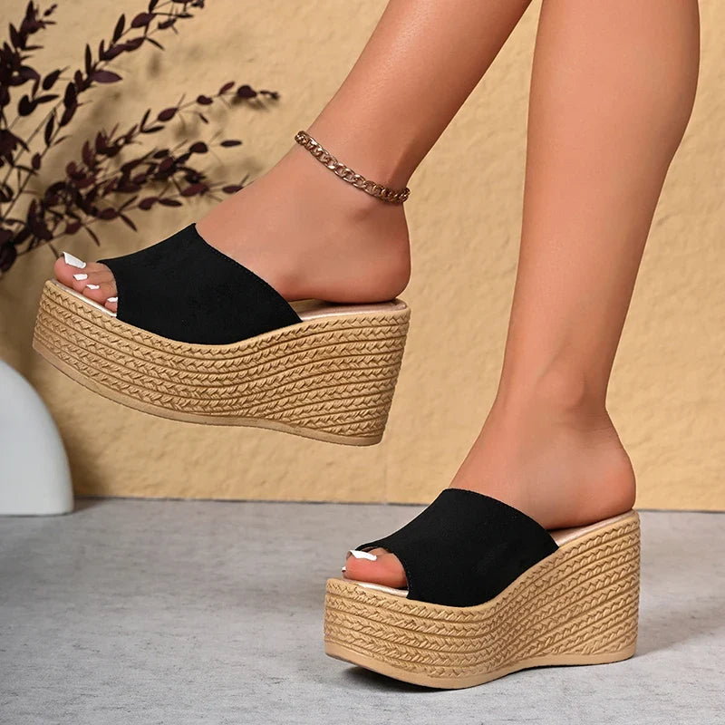Summer 9Cm Chunky Heeled Slippers Women Plus Size 43 Peep Toe Platform Wedges Sandals Woman Casual High Heel Sandles Female