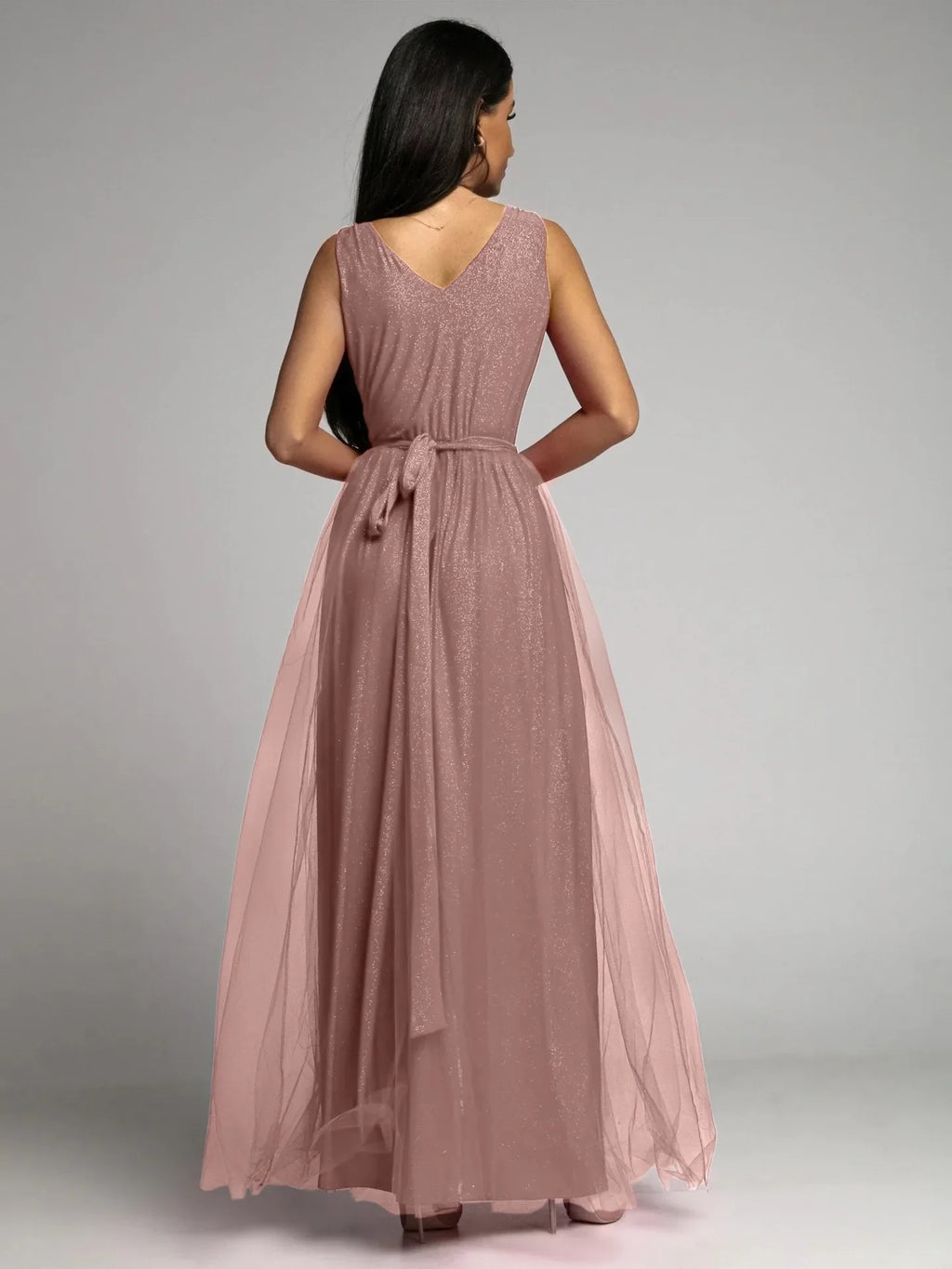 Elegant Solid Color Fine Sparkle Party Dresses Women Temperament V-neck Leace-up Mesh Slit Long Dress Evening Vestidos Female