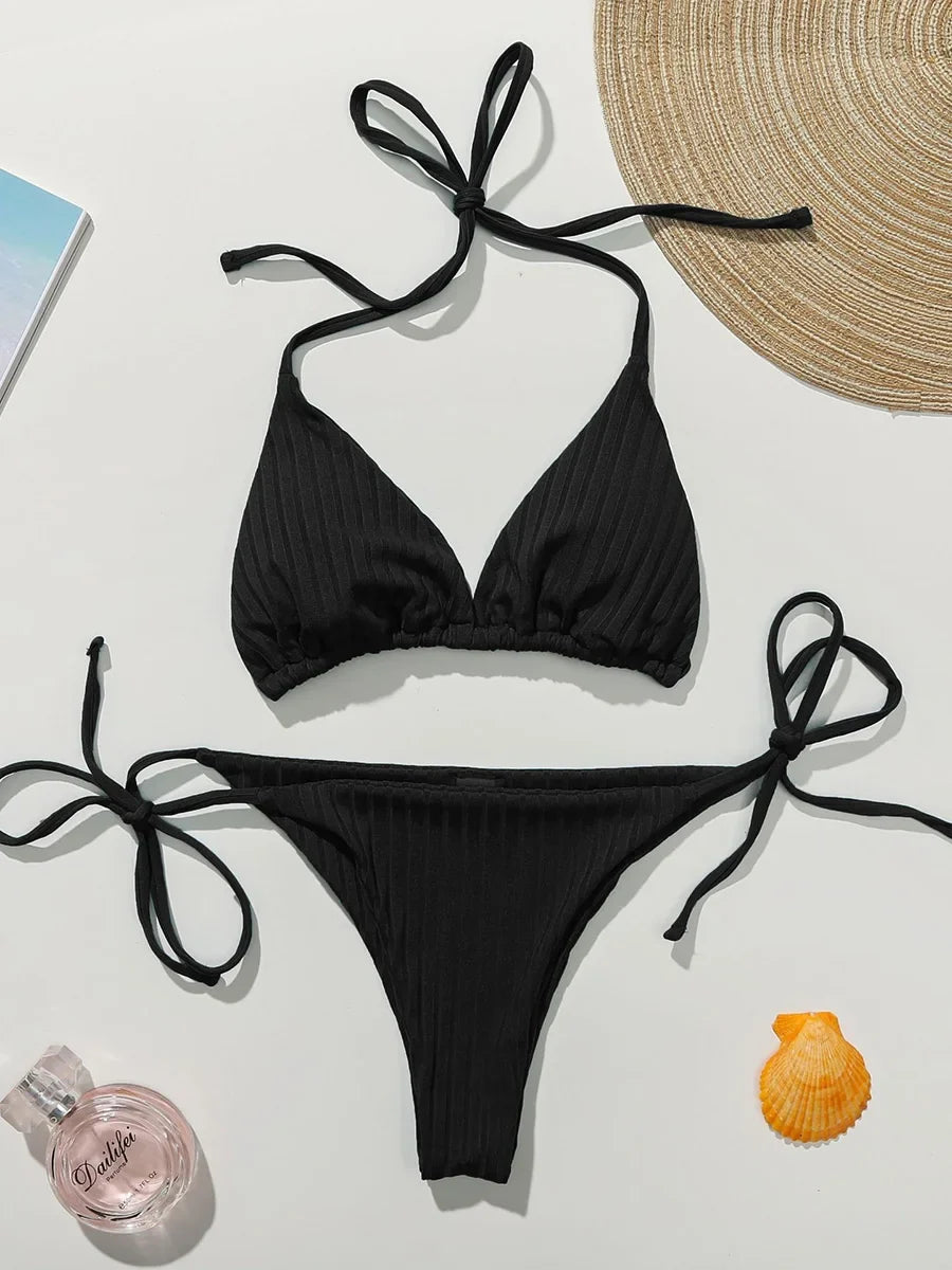 Sexy Ribbed Halter Micro Thong Bikini Female Swimsuit Women Swimwear Two-pieces Bikini Set Mini String Bather Bathing Suit Swim