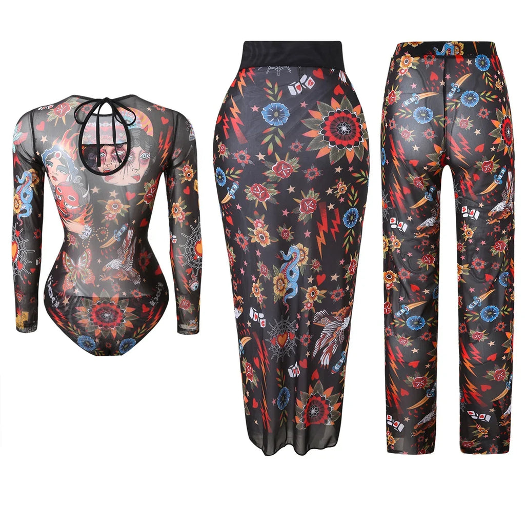 S - XXL 3PCS New Printed Long Sleeve With Pants Sarong Women Swimwear One Piece Swimsuit Female Bather Bathing Suit Swim K7180
