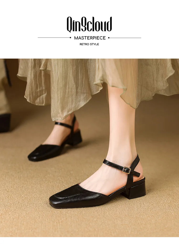 Plus Size 34-41 Women's Sheepskin Narrow Band T-strap Square Toe Summer Sandals 3.5cm Thick Low Heel Elegant Ladies Dress Shoes