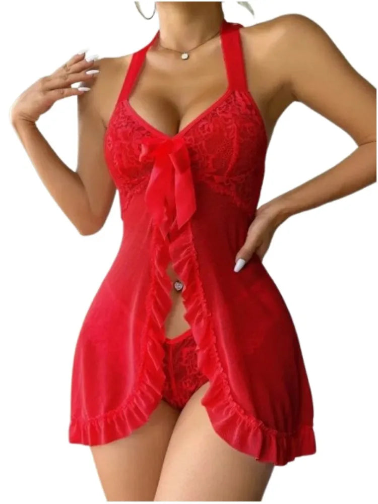 Women Lace See through Slips Sexy Lingerie Dress Underwear Erotic Babydolls with Thongs Ruffles & Bow Decor Set