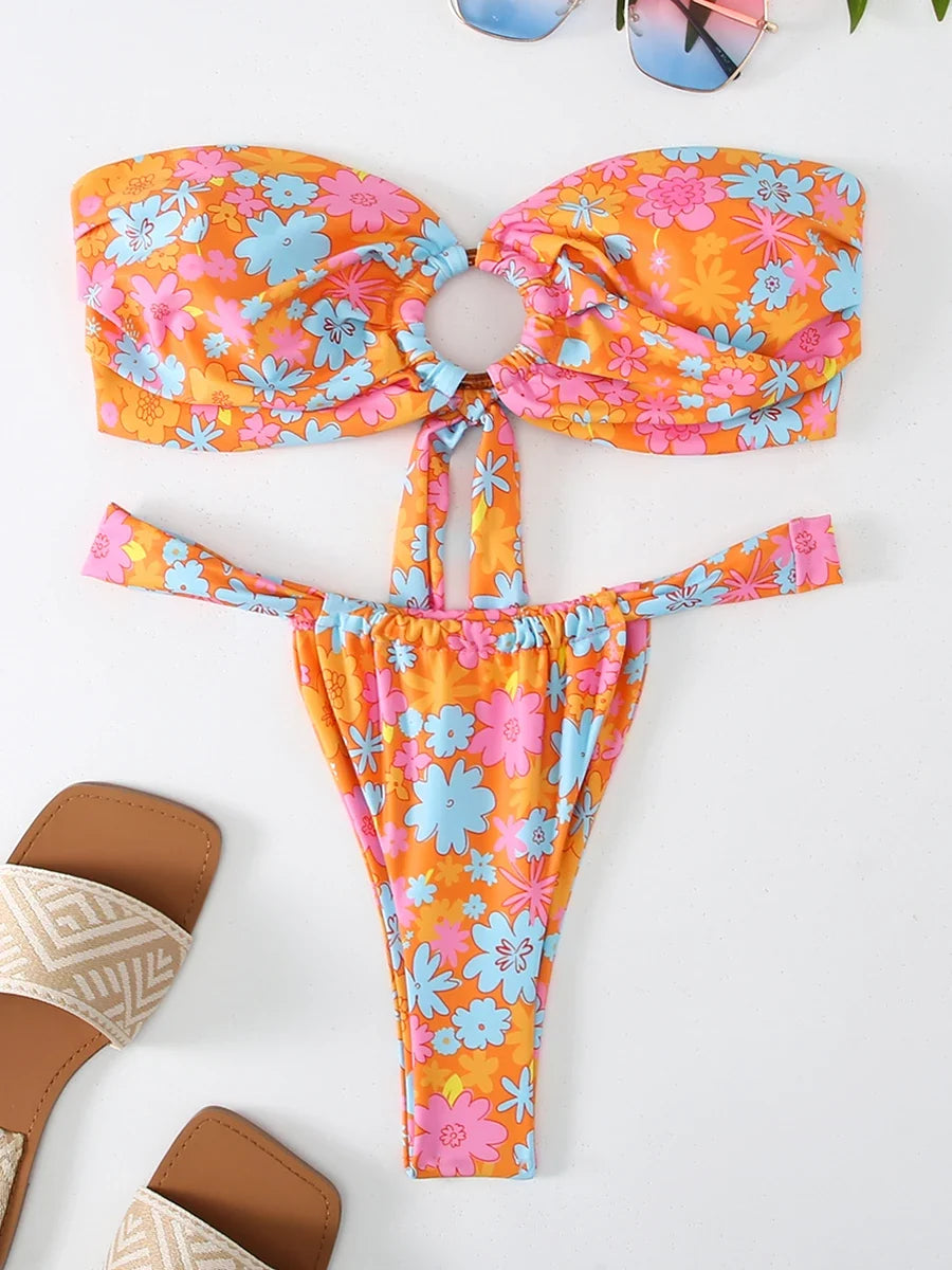 Ring Link Bandeau Bikini 2026 Floral Strappy Swimsuit Women Padded Swimwear Female Bathers Bathing Swimming Swim Suit Beachwear