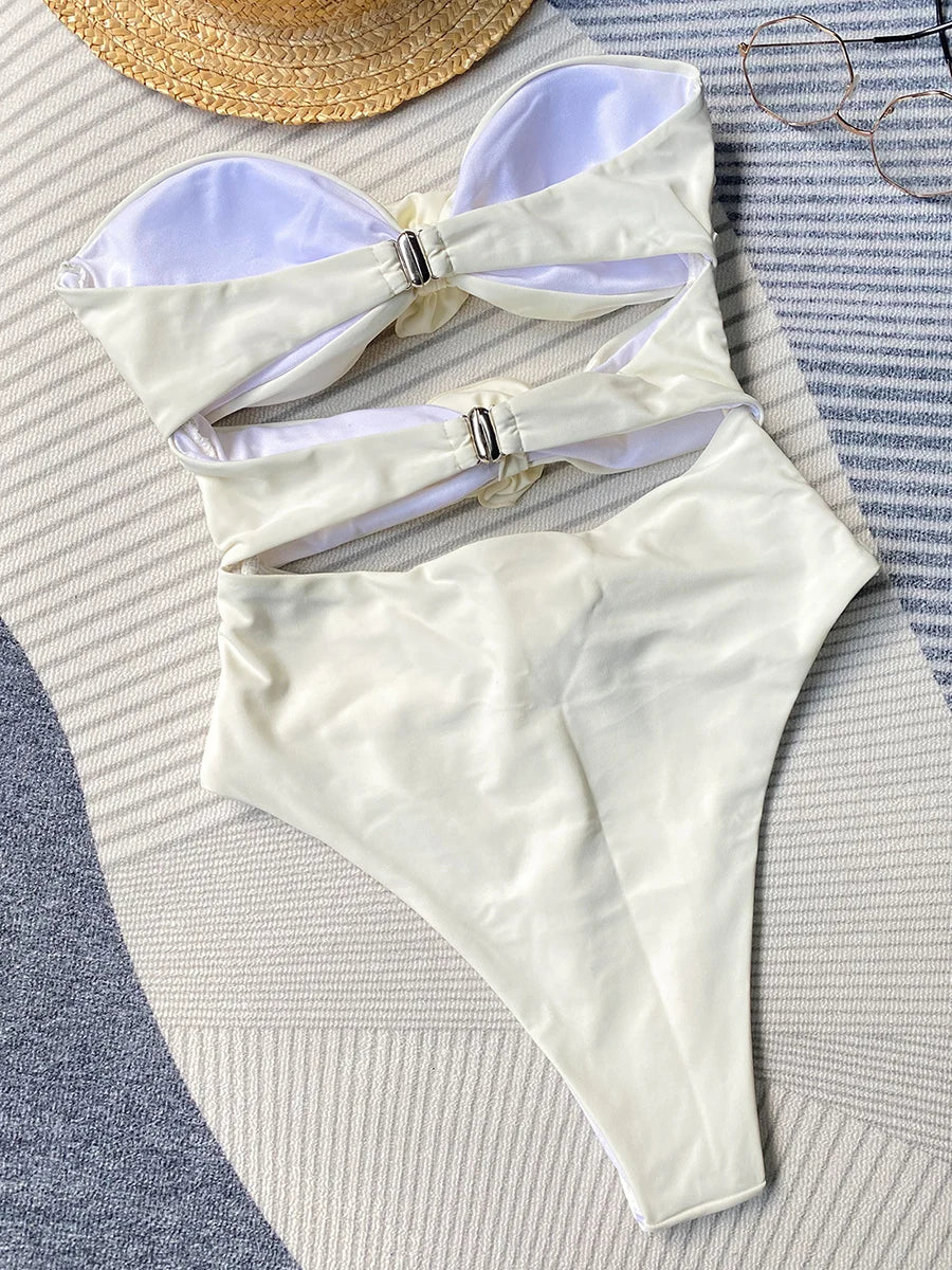 Sexy 3D Flowers Bandeau Monokini Hollow Out Female Swimwear One Piece Swimsuit Women High Cut Bathing Suit Swim Lady Beach wear