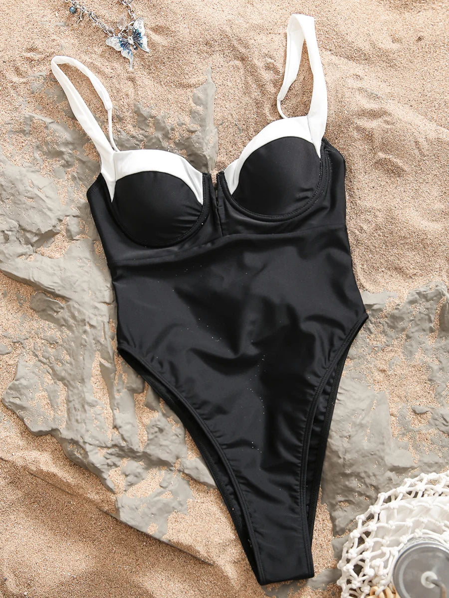 S - XL Splicing High Leg Cut One Piece Swimsuit Women Swimwear Female Underwired V-Bar Bather Bathing Suit Swim Beach Bodysuit