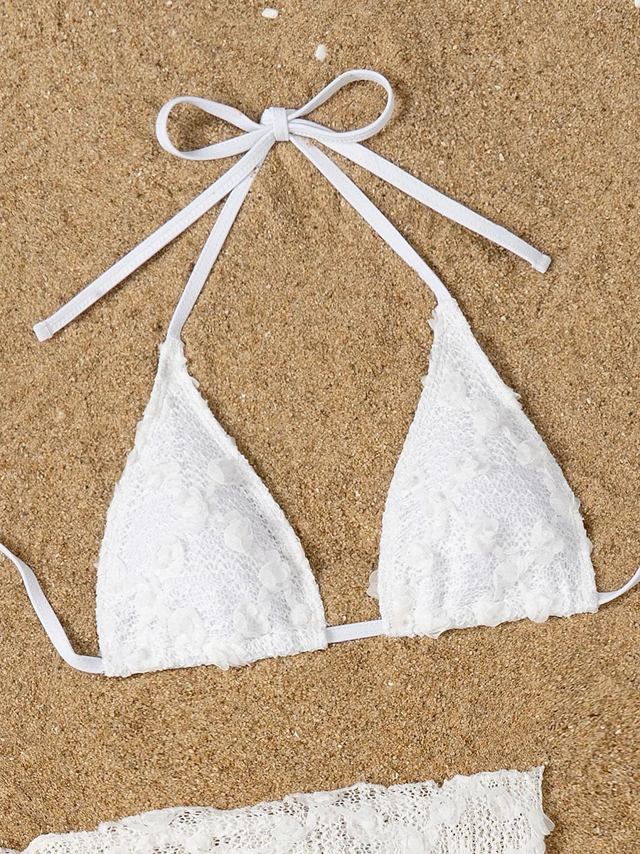 3D Flower with Mesh Sarong Skirt Bikini Women Swimwear Female Swimsuit Three-pieces Bikini Set White Bathing Suit Swim Beachwear