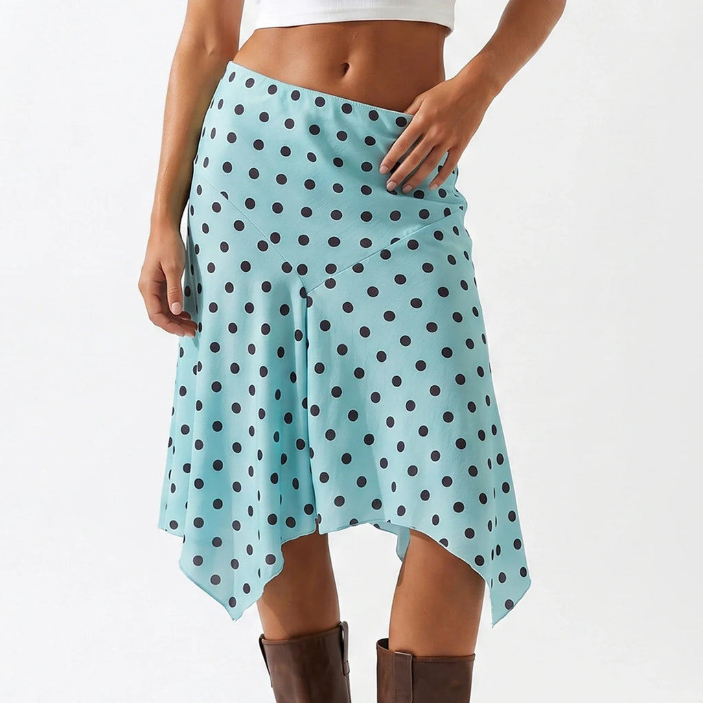 Summer Women's Irregular Hem Midi Skirt Stylish Dots Printed Low Rise Looose A Line Skirts Casual Bohemian Long Skirts